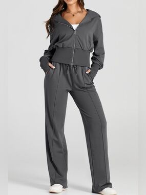 🩵Hello Gorgeous! Zip-Up Hoodie and Pants Active Set - Dark Gray